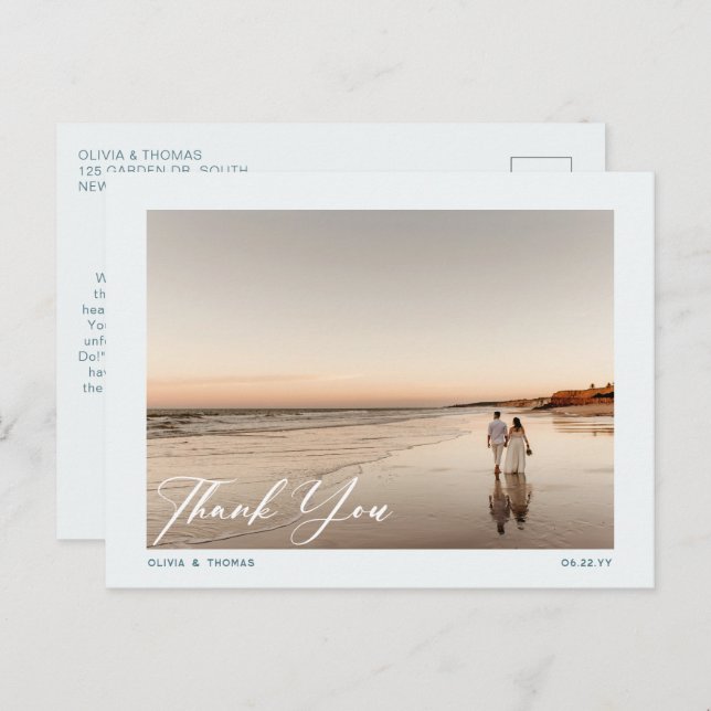Modern Dusty Blue Beach Wedding Photo Thank You Postcard (Front/Back)