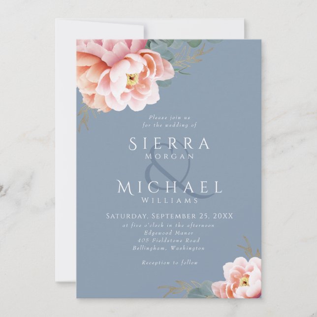 Modern Dusty Blue Blush Pink Peach Floral Wedding Invitation (Front)