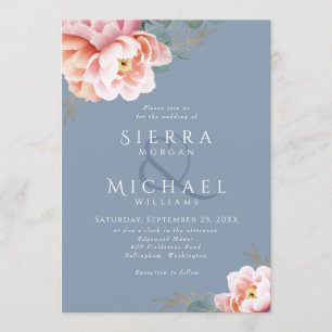 Modern Dusty Blue Blush Pink Peach Floral Wedding Invitation