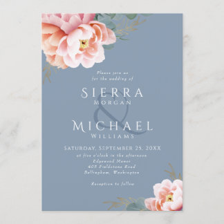 Modern Dusty Blue Blush Pink Peach Floral Wedding Invitation