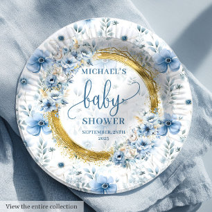 Modern dusty blue boho watercolor flowers gold paper plate