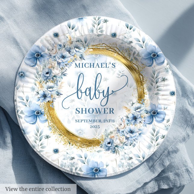 Modern dusty blue boho watercolor flowers gold  paper plate (Modern dusty blue boho watercolor flowers gold Paper Plates)