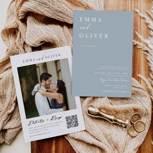 Modern Dusty Blue Boho Wedding Photo QR Code RSVP Invitation (Creator Uploaded)
