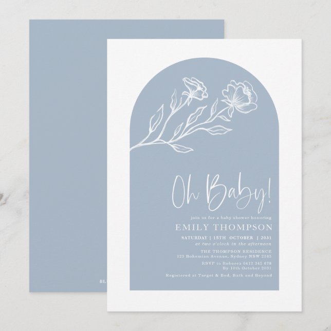 Modern Dusty Blue Botanical Arch Baby Shower Invitation (Front/Back)