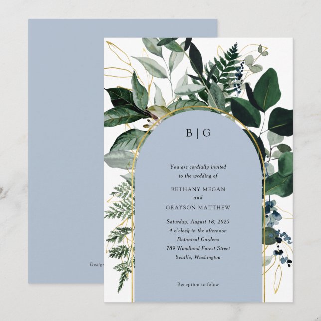  Modern Dusty Blue Botanical garden trendy wedding Invitation (Front/Back)