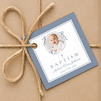 Modern Dusty Blue Boy Baptism Photo Favour Tags