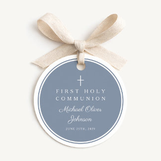 Modern Dusty Blue Boy First Communion Favour Tags