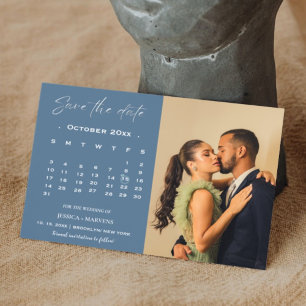 Modern dusty blue calendar photo save the date invitation