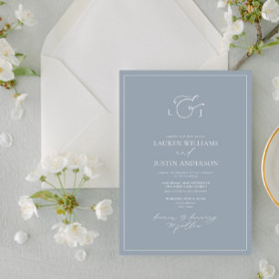 Modern Dusty Blue Calligraphy Monogram Wedding Inv Invitation