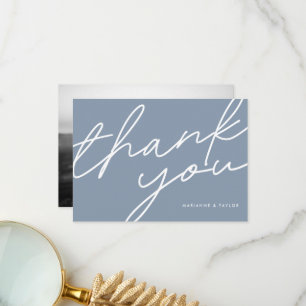 Modern Dusty Blue Calligraphy Wedding Photo Thank You Card