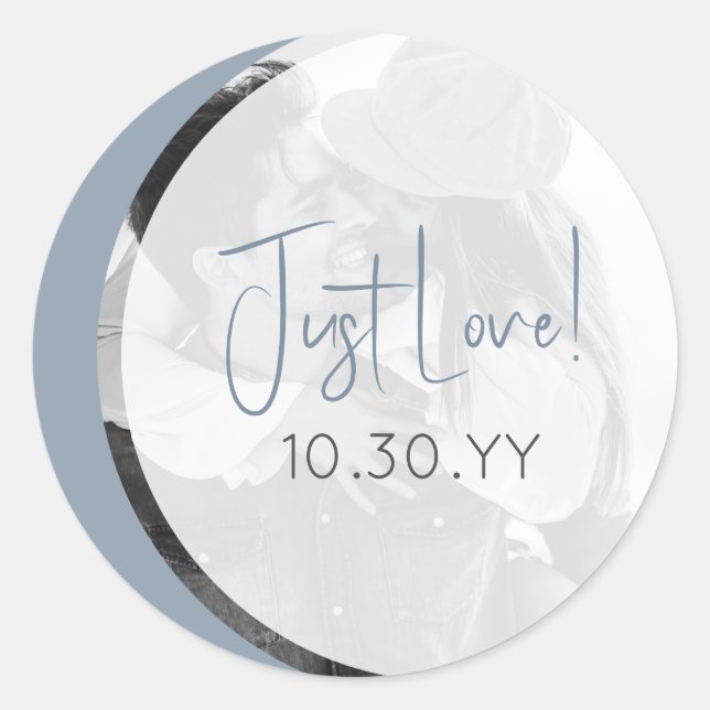 Modern Dusty Blue Casual Just Love Wedding Classic Round Sticker (Front)