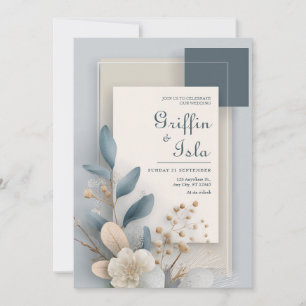 Modern Dusty Blue Charcoal Stone Botanical Wedding Invitation