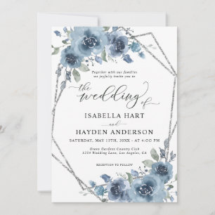 Modern Dusty Blue Chic Floral Silver Frame Wedding Invitation