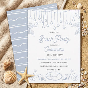 Modern Dusty Blue Coastal Beach Party Birthday Invitation