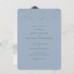 Modern Dusty Blue Confetti Photo Wedding Invitation
