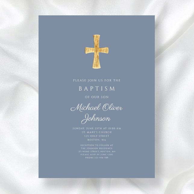 Modern Dusty Blue Cross Boy Baptism Invitation (Modern Dusty Blue Cross Boy Baptism Invitation)