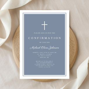 Modern Dusty Blue Cross Boy Confirmation Invitation