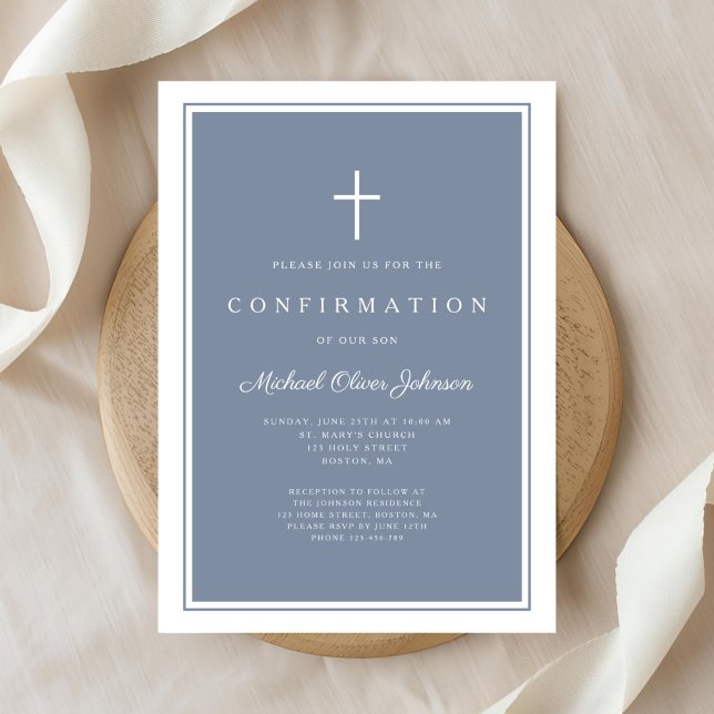 Modern Dusty Blue Cross Boy Confirmation Invitation (Modern Dusty Blue Cross Boy Confirmation Invitation)