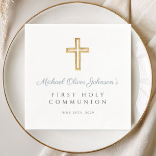 Modern Dusty Blue Cross Boy First Communion Napkin