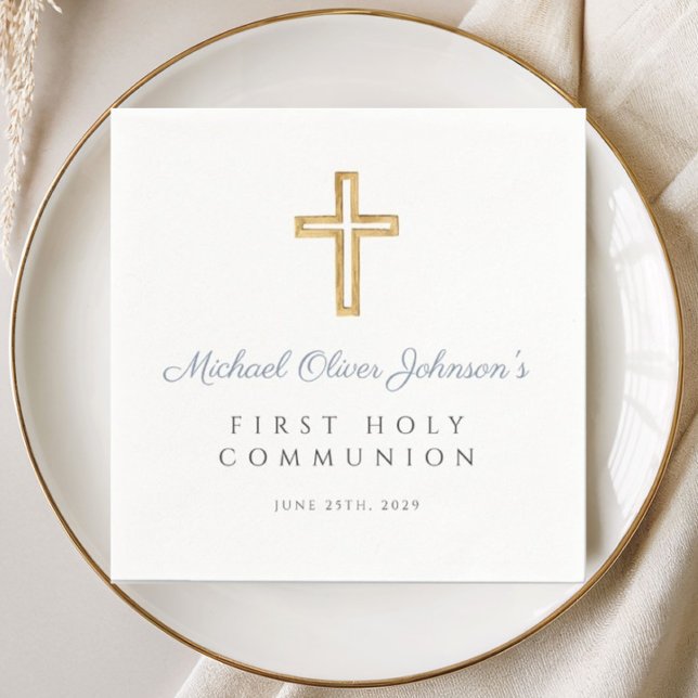 Modern Dusty Blue Cross Boy First Communion Napkin (Modern Dusty Blue Cross Boy First Communion Napkins)