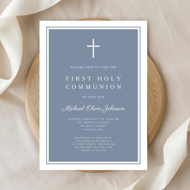 Modern Dusty Blue Cross Boy First Holy Communion Invitation (Modern Dusty Blue Cross Boy First Holy Communion Invitation)