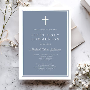 Modern Dusty Blue Cross Boy First Holy Communion Invitation