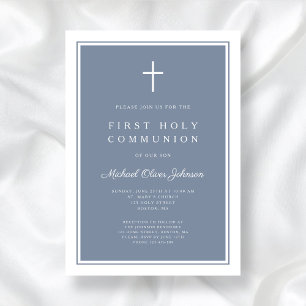 Modern Dusty Blue Cross Boy First Holy Communion Invitation