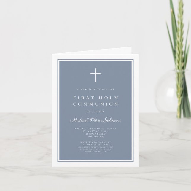 Modern Dusty Blue Cross Boy First Holy Communion Invitation (Front)