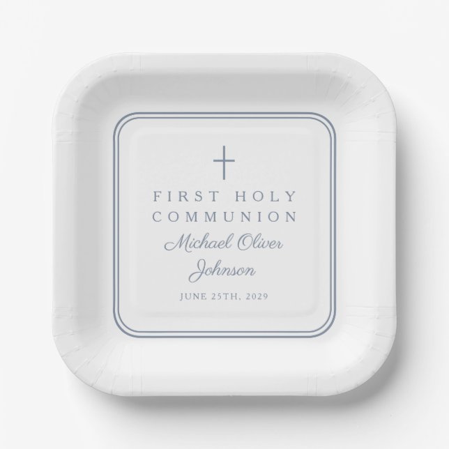 Modern Dusty Blue Cross Boy First Holy Communion Paper Plate (Front)