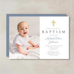 Modern Dusty Blue Cross Boy Photo Baptism Invitation