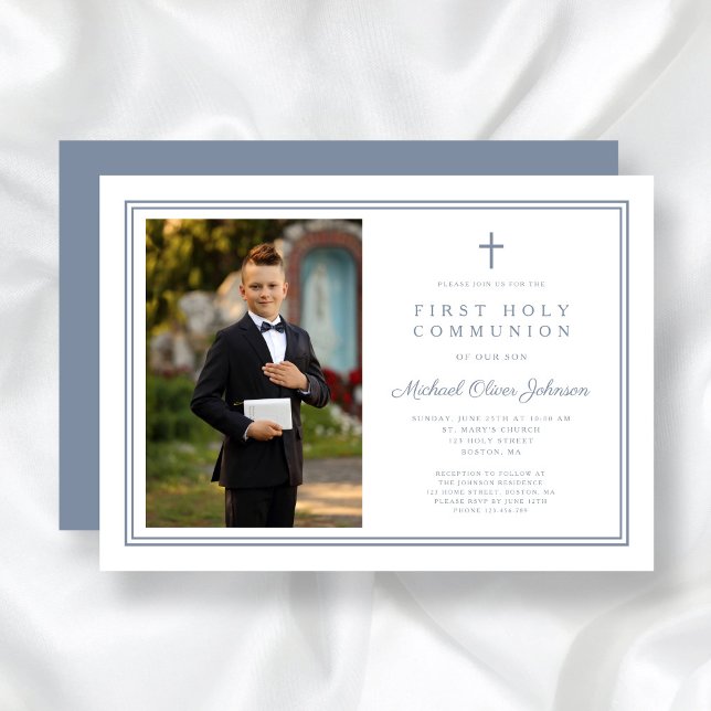 Modern Dusty Blue Cross Boy Photo First Communion Invitation (Modern Dusty Blue Cross Boy Photo First Communion Invitation)
