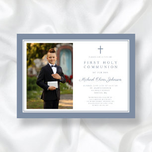 Modern Dusty Blue Cross Boy Photo First Communion Invitation