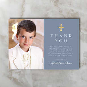 Modern Dusty Blue Cross Boy Photo First Communion Thank You Card