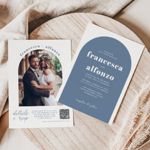 Modern Dusty Blue Details RSVP QR Photo Wedding Invitation