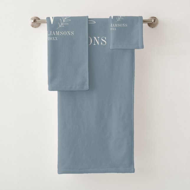 Modern Dusty Blue Elegant Monogram Bath Towel Set (Insitu)