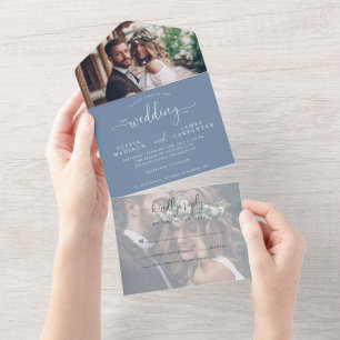 Modern Dusty Blue Elegant Script 2 Photo Wedding All In One Invitation