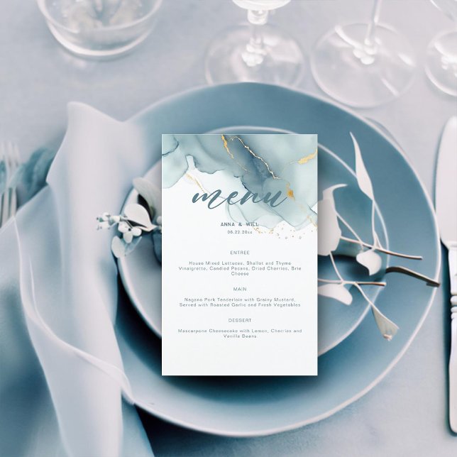 Modern Dusty Blue Elegant Script Beach Wedding  (dusty blue beach wedding menu large gold summer waves modern romantic elegant bohemian chic)