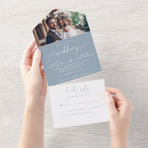 Modern Dusty Blue Elegant Script Photo Wedding All In One Invitation