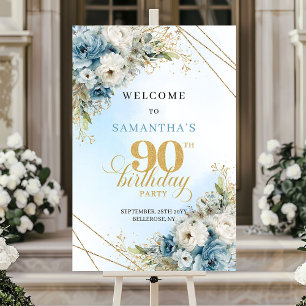Modern dusty blue eucalyptus gold frame 90th birth poster