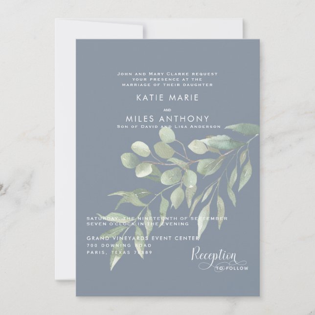 Modern Dusty Blue Eucalyptus Wedding Invitation (Front)