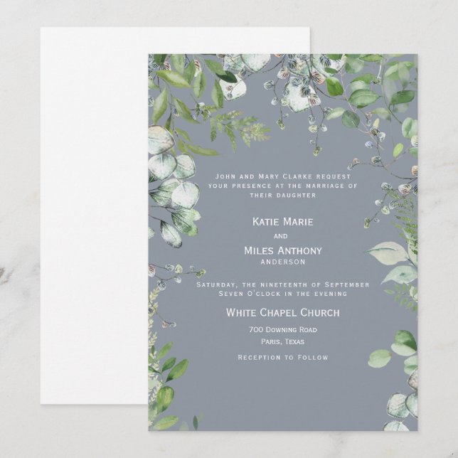 Modern Dusty Blue Eucalyptus Wedding Invitation (Front/Back)