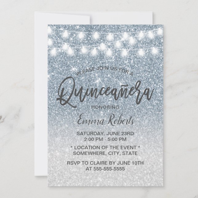 Modern Dusty Blue Faux Glitter Quinceanera 15 Invitation (Front)