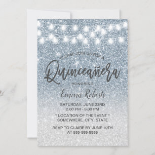 Modern Dusty Blue Faux Glitter Quinceanera 15 Invitation