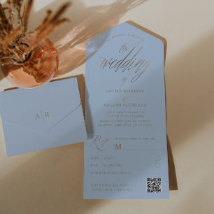 Modern Dusty Blue & Faux Gold Calligraphy  All In One Invitation