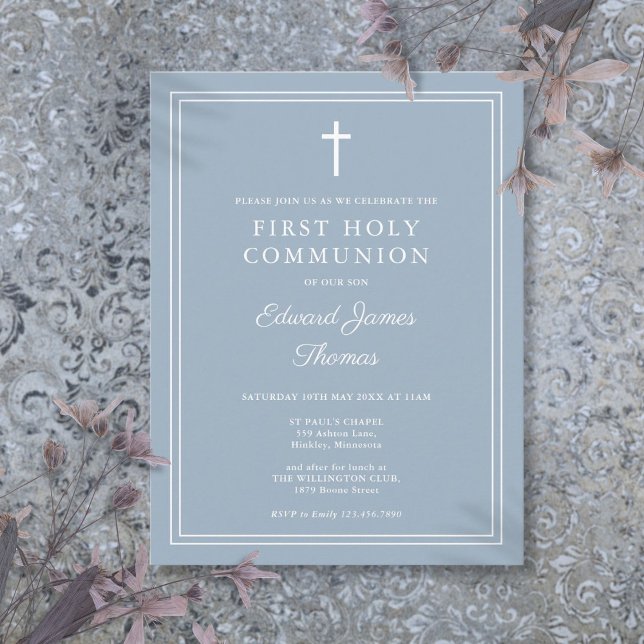 Modern Dusty Blue  First Holy Communion Invitation Postcard (Modern Dusty Blue First Holy Communion Invitation Postcard)