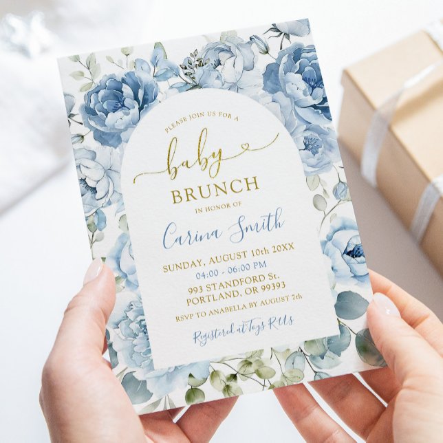 Modern Dusty Blue Floral Arch Baby Shower Brunch Invitation (Creator Uploaded)