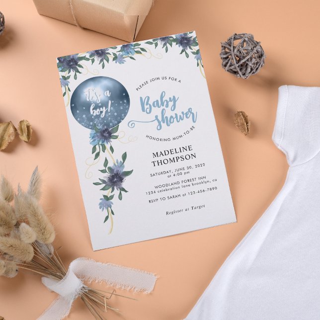 Modern Dusty Blue Floral Balloon Boy Baby Shower Invitation (Creator Uploaded)
