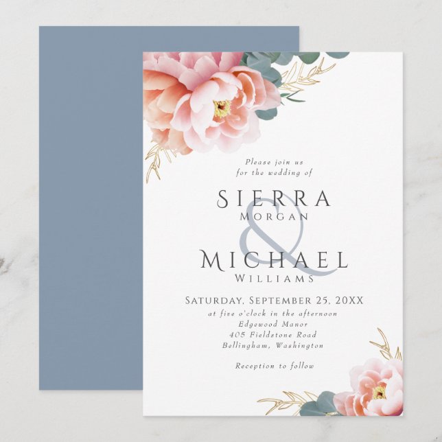 Modern Dusty Blue Floral Blush Pink Peach Wedding Invitation (Front/Back)