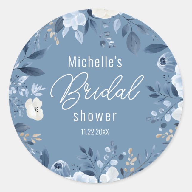 Modern Dusty Blue Floral Boho Bridal Shower Classic Round Sticker (Front)