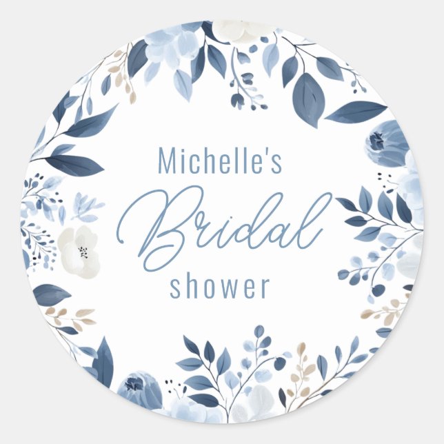 Modern Dusty Blue Floral Boho Bridal Shower Classic Round Sticker (Front)